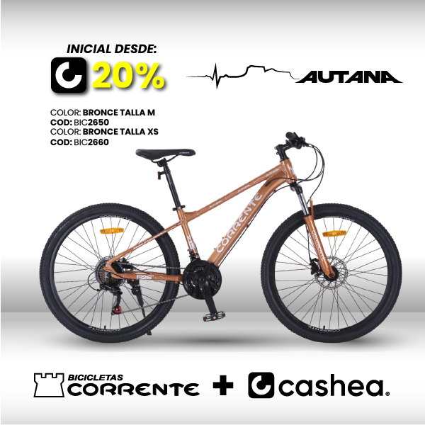 Bicicleta MTB Rim 26", Frenos Hidráulicos, 21 velocidades marca SHIMANO Tourney TZ/EZ FIRE, Cuadro de aluminio aerodinámico oversize, Talla M (Para personas a partir de 160cm a 180cm de altura), Suspensión delantera, Rines de aluminio doble pared.