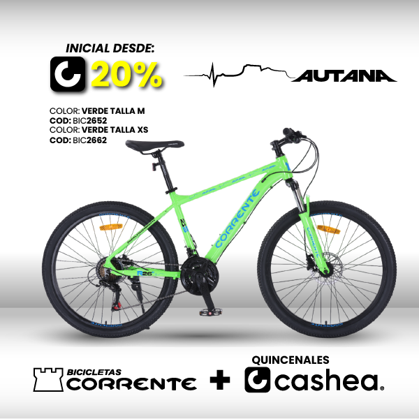 Bicicleta MTB Rim 26", Frenos Hidráulicos, 21 velocidades marca SHIMANO Tourney TZ/EZ FIRE, Cuadro de aluminio aerodinámico oversize, Talla M (Para personas a partir de 160cm a 180cm de estatura), Suspensión delantera, Rines de aluminio doble pared.