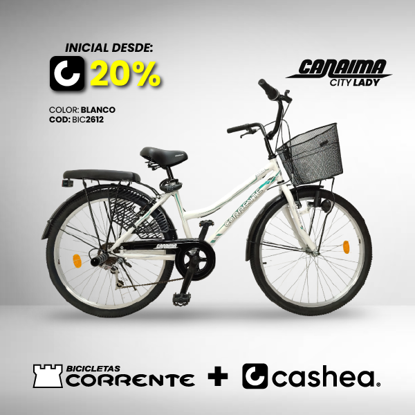 Bicicleta de Ciudad Rim 26" con 6 velocidades, cesta frontal, luz con dinamo, cubre falda, candado de combinación y cojín trasero con posapiés.
