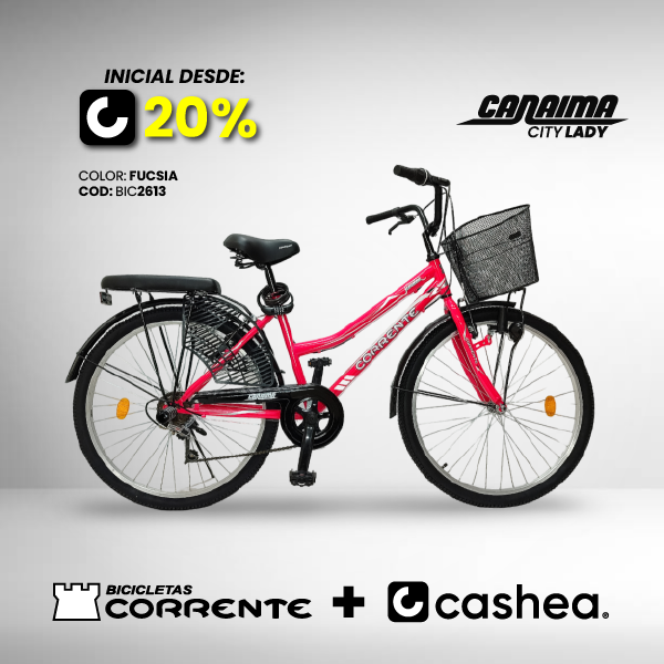 Bicicleta de Ciudad Rim 26" con 6 velocidades, cesta frontal, luz con dinamo, cubre falda, candado de combinación y cojín trasero con posapiés.