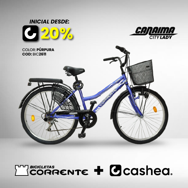 Bicicleta de Ciudad Rim 26" con 6 velocidades, cesta frontal, luz con dinamo, cubre falda, candado de combinación y cojín trasero con posapiés.