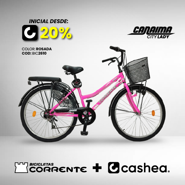 Bicicleta de Ciudad Rim 26" con 6 velocidades, cesta frontal, luz con dinamo, cubre falda, candado de combinación y cojín trasero con posapiés.
