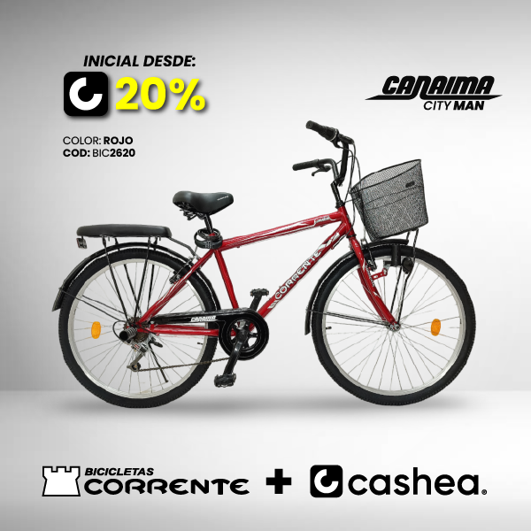 Bicicleta de Ciudad Rim 26" con 6 velocidades, cesta frontal, luz con dinamo, candado de combinación y cojín trasero con posapiés.