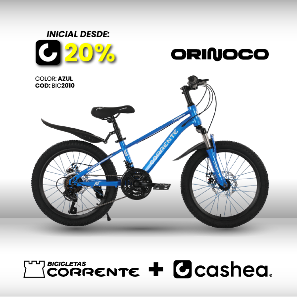 Bicicleta MTB 20", 21 velocidades SHIMANO Tourney Revoshift, Rayos de colores, Cuadro aleación de acero AERODINÁMICO oversize, Guardafangos, Rines de aluminio doble pared, Frenos V-Brakes