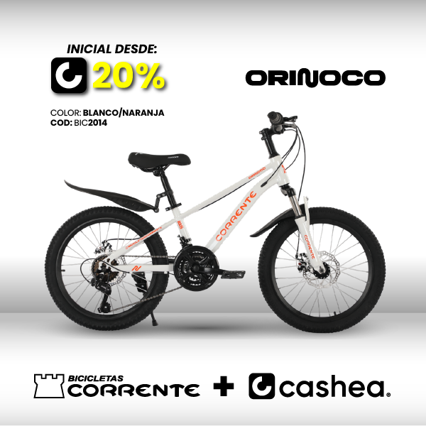 Bicicleta MTB 20", 21 velocidades SHIMANO Tourney Revoshift, Rayos de colores, Cuadro aleación de acero AERODINÁMICO oversize, Guardafangos, Rines de aluminio doble pared, Frenos V-Brakes