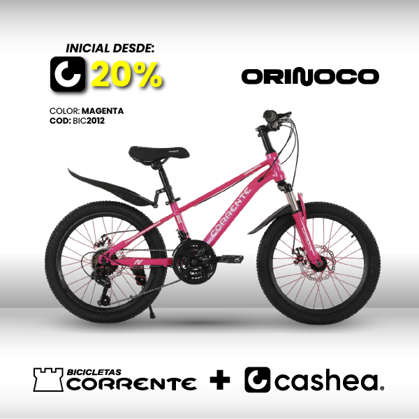 Bicicleta MTB 20", 21 velocidades SHIMANO Tourney Revoshift, Rayos de colores, Cuadro aleación de acero AERODINÁMICO oversize, Guardafangos, Rines de aluminio doble pared, Frenos V-Brakes