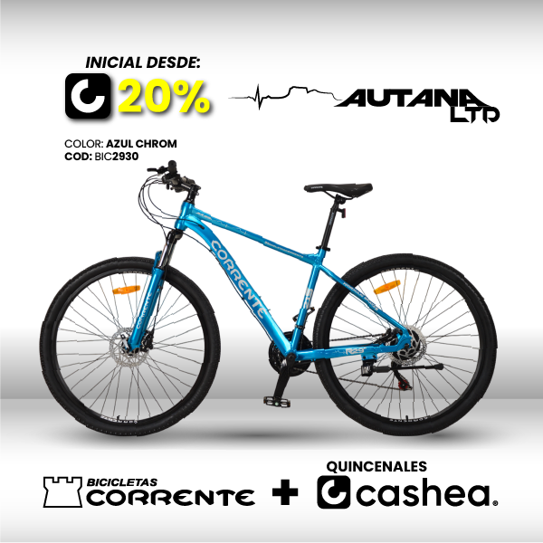 Bicicleta MTB Rim 29", Frenos Hidráulicos, 21 velocidades marca SHIMANO Tourney TZ/EZ FIRE, Cuadro de aluminio aerodinámico oversize, Suspensión delantera con Bloqueo y Rines de aluminio doble pared.